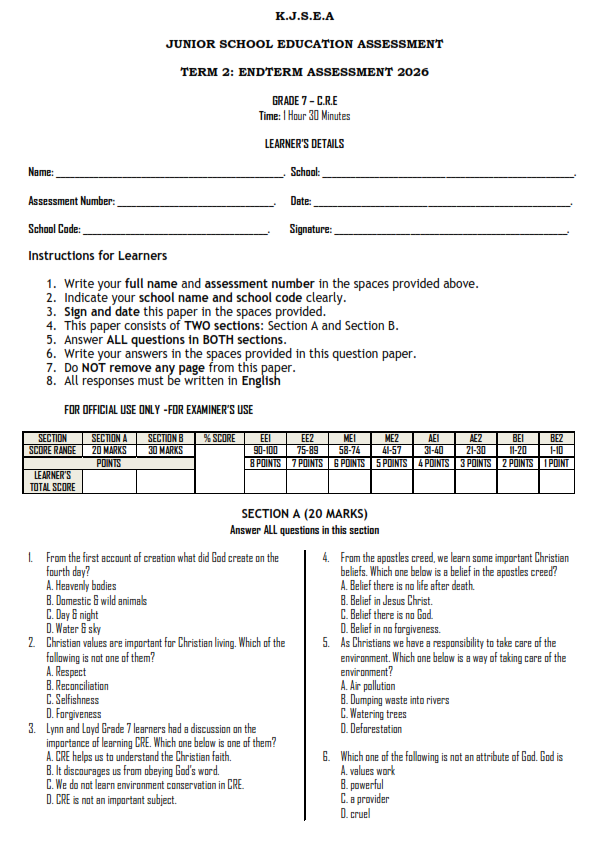 2026 GRADE 7 END TERM 2 EXAMS WITH MARKING SCHEMES